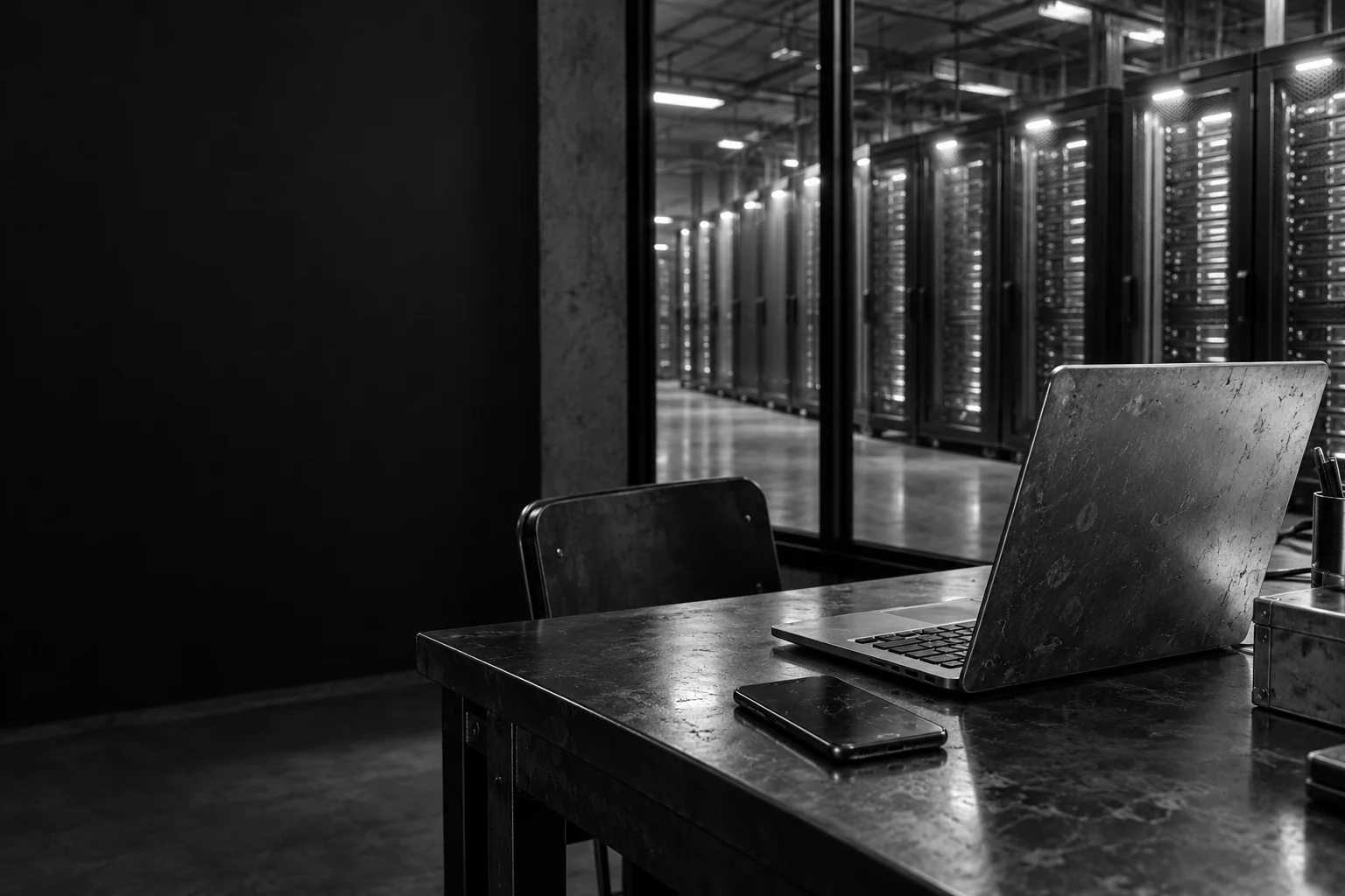 AI-generated monochrome photograph of a worn laptop and phone in front of server cabinets behind glass.