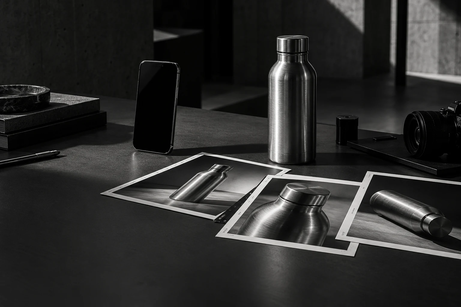 AI-generated monochrome studio scene with a phone, steel bottle, and product contact sheets.