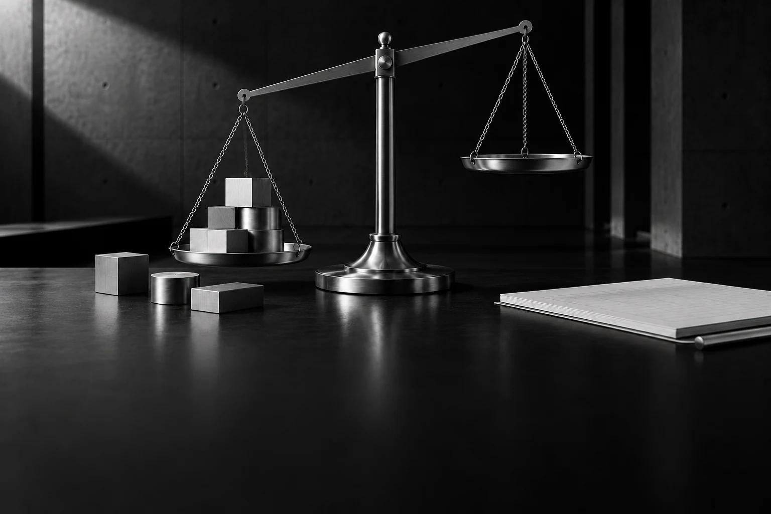 AI-generated monochrome balance scale with metal blocks and a blank ledger.