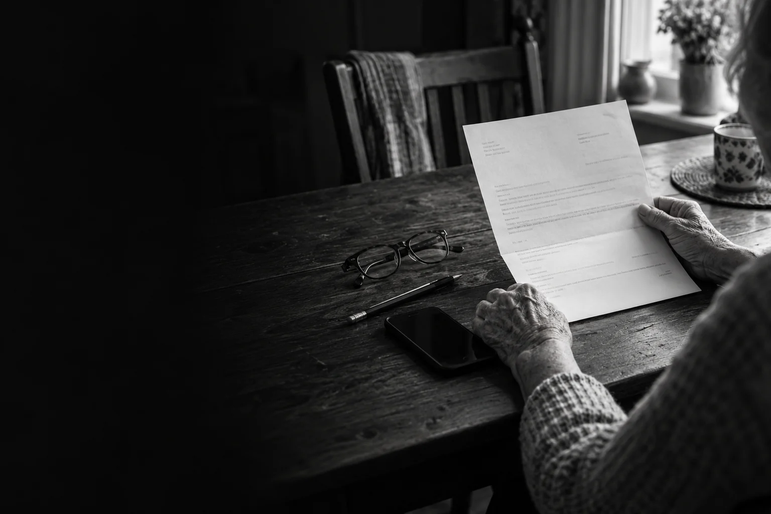 AI-generated monochrome photograph of an older adult reading an appointment letter beside a phone and glasses.