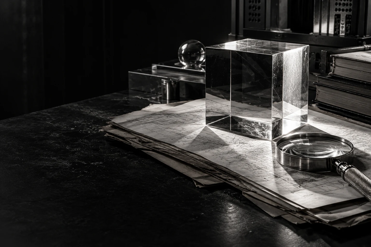 AI-generated monochrome research desk with a glass cube, papers, and a magnifying lens.