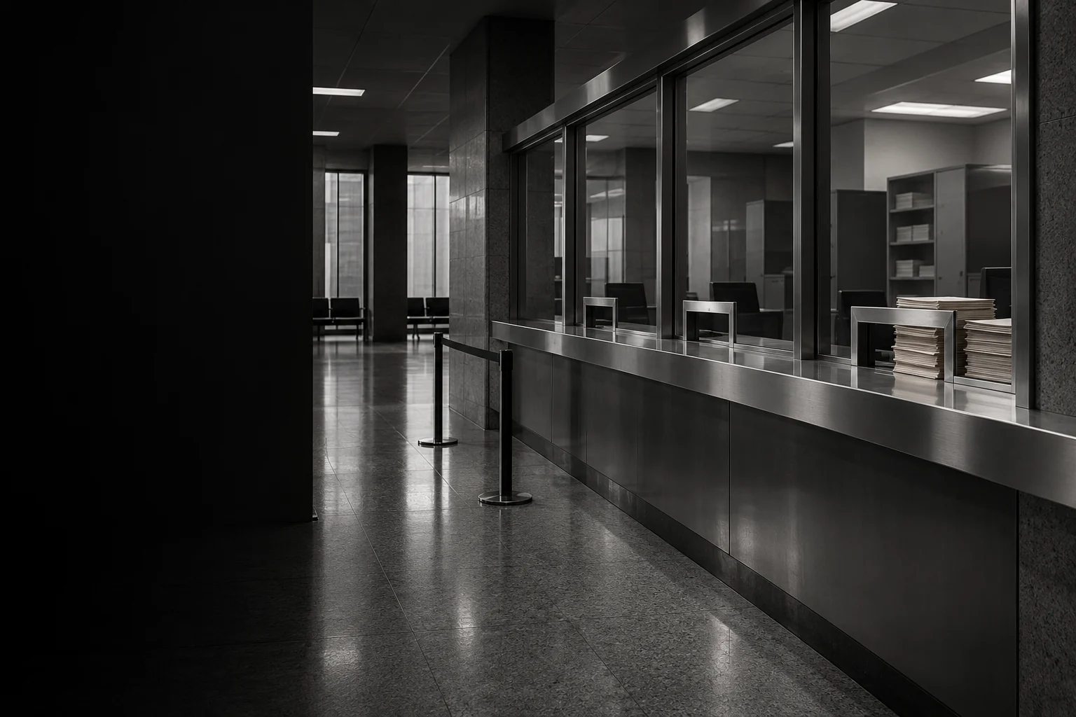 AI-generated monochrome photograph of a civic service counter with folders waiting at one of three service openings.