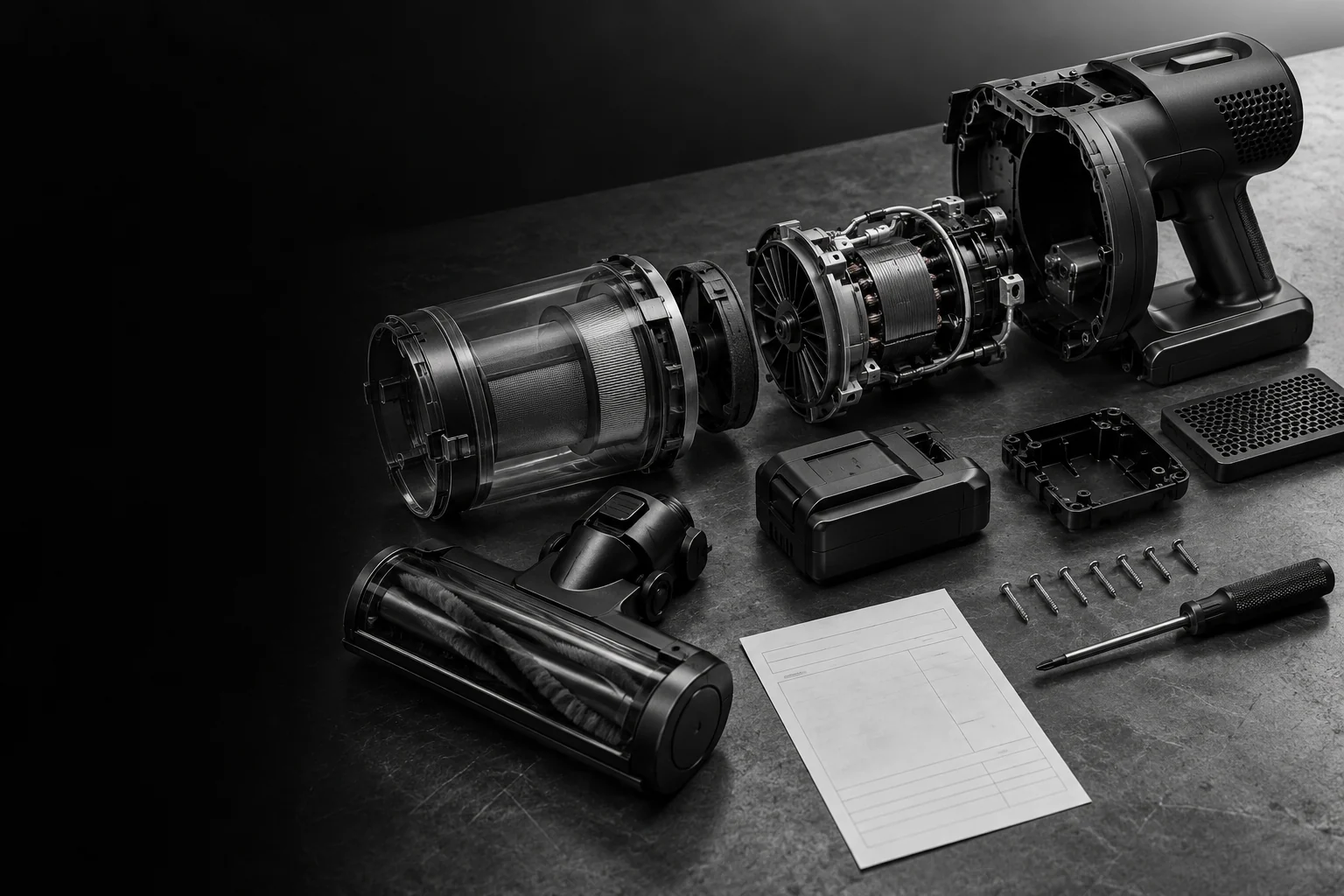 AI-generated monochrome photograph of a disassembled vacuum motor, battery, and parts on a repair bench.