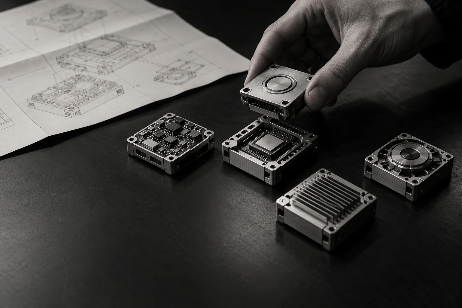 AI-generated monochrome hand assembling a small modular component on a workbench.