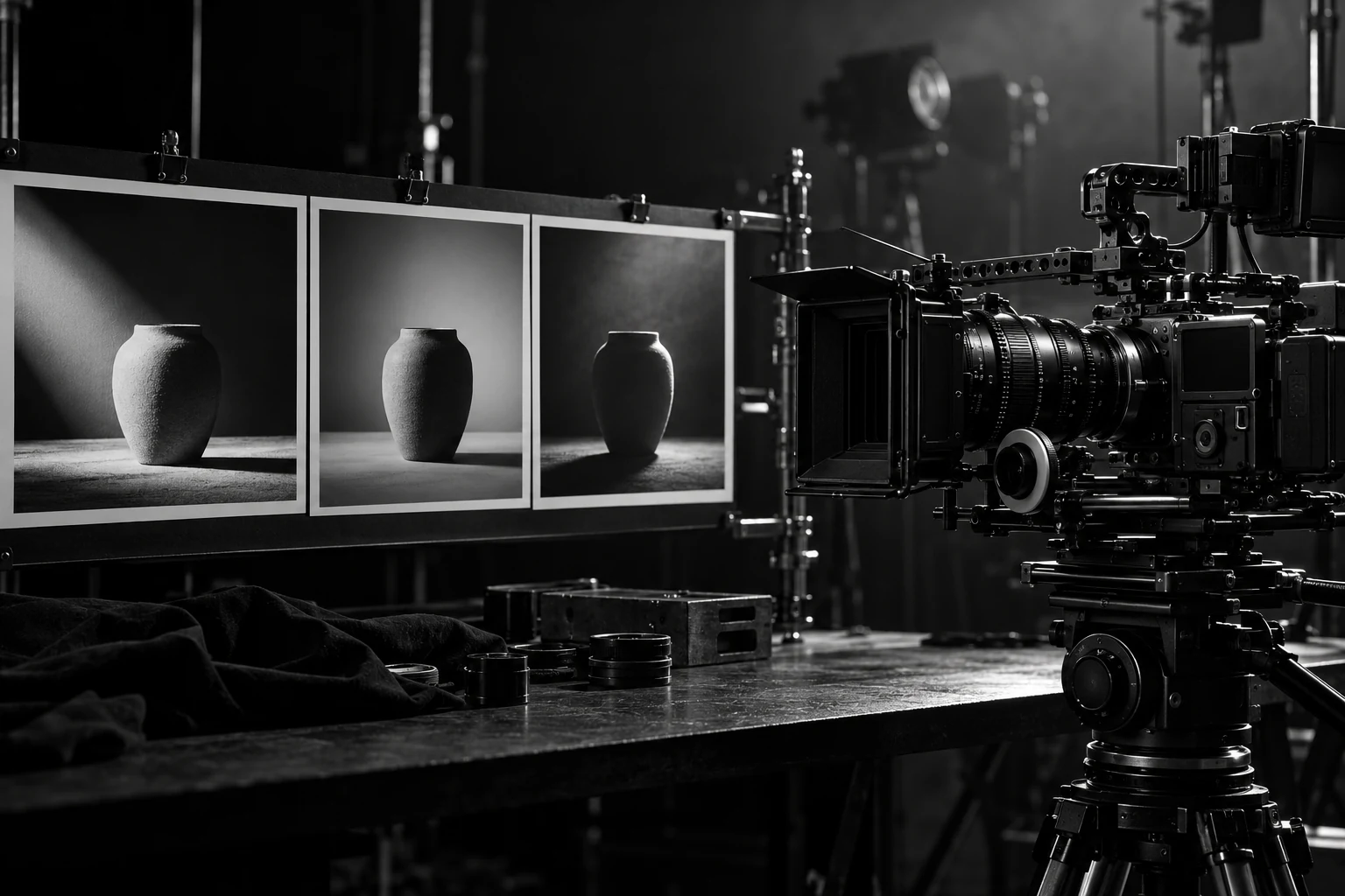 AI-generated monochrome cinema camera beside three storyboard photographs.