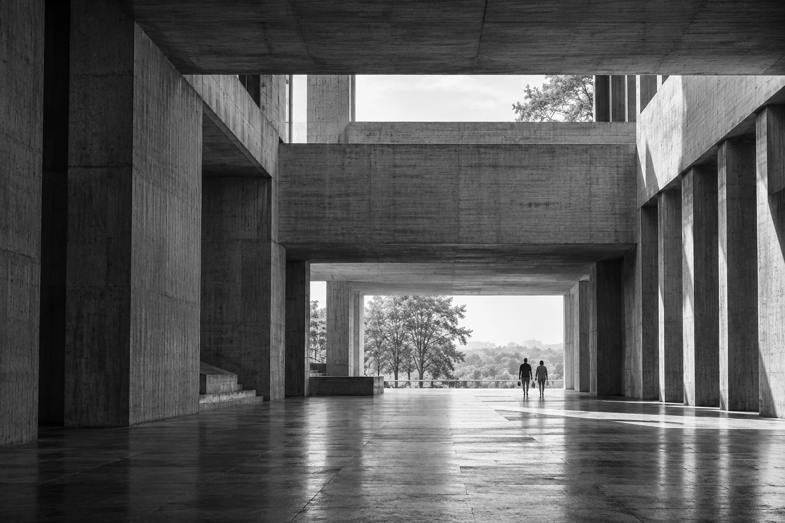 Conceptual civic architecture with an open passage and small human figures.