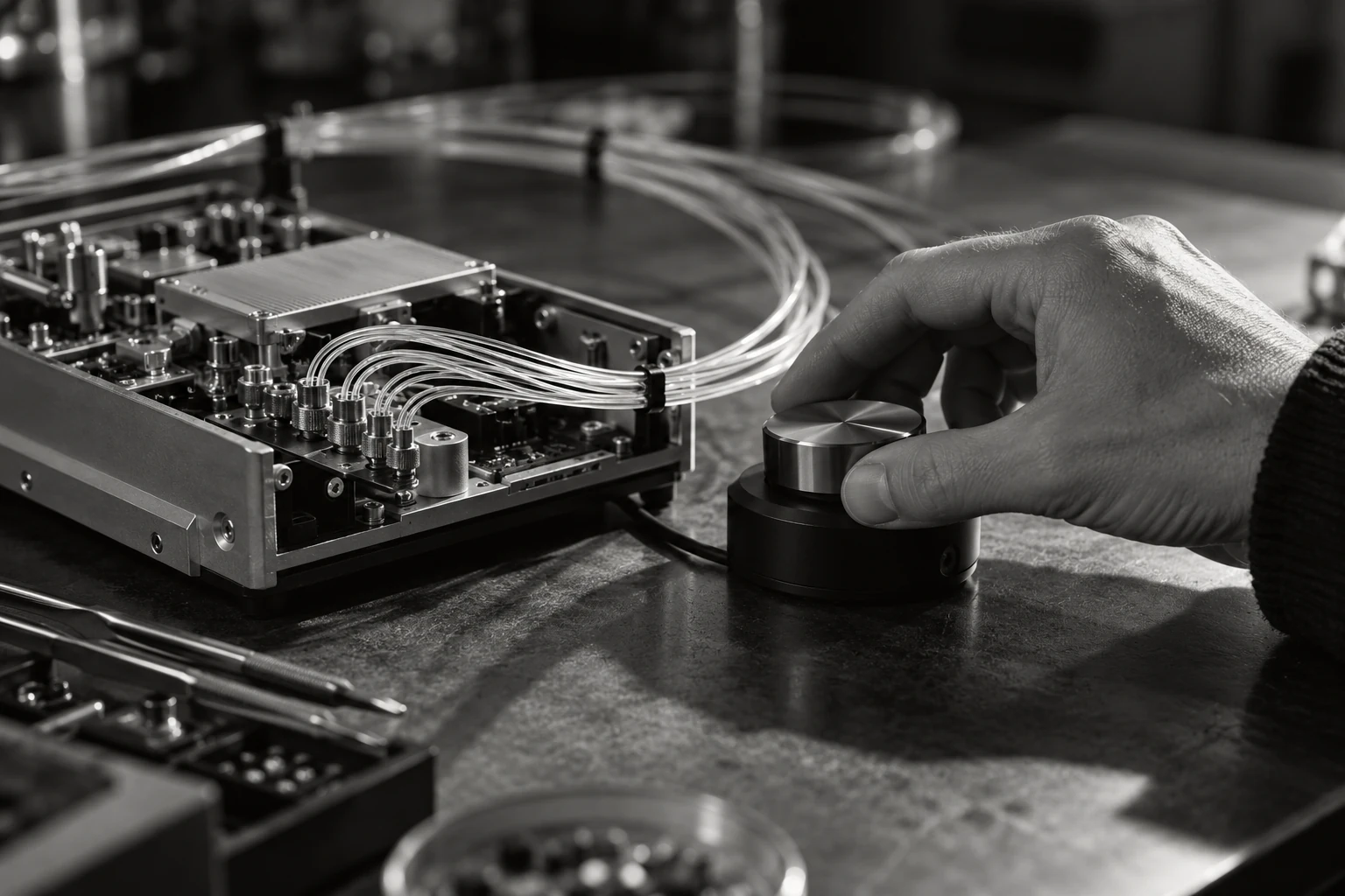 Conceptual photograph of a hand using a compact device beside precision hardware.